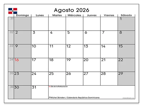 Calendario de agosto de 2026 para imprimir - República Dominicana