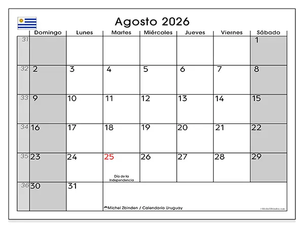 Calendario de agosto de 2026 para imprimir - Uruguay