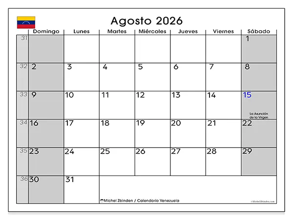 Calendario de agosto de 2026 para imprimir - Venezuela