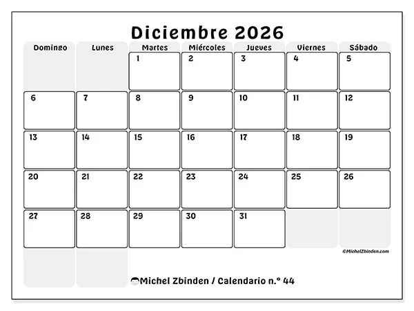 Calendario de diciembre de 2026 para imprimir - Planificación estructurada - Semana de domingo a sábado