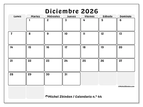 Calendario de diciembre de 2026 para imprimir - Planificación estructurada
