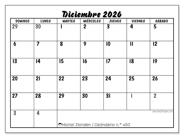Calendario de diciembre de 2026 para imprimir - Organización detallada - Semana de domingo a sábado