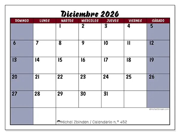 Calendario de diciembre de 2026 para imprimir - Productividad en color - Semana de domingo a sábado