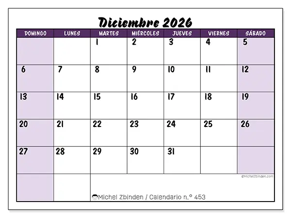 Calendario de diciembre de 2026 para imprimir - Eficiencia colorida - Semana de domingo a sábado
