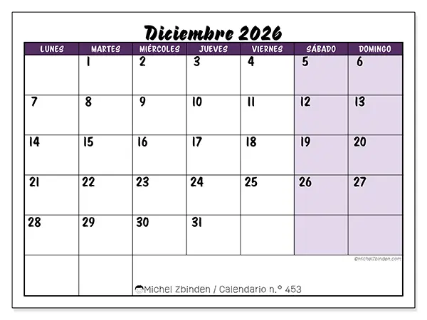 Calendario de diciembre de 2026 para imprimir - Eficiencia colorida