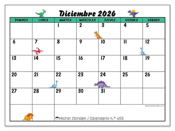 Calendario de diciembre de 2026 para imprimir - Pequeños dinosaurios - Semana de domingo a sábado