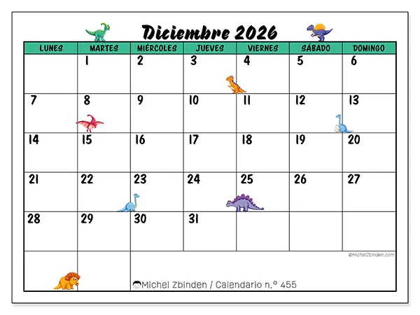 Calendario de diciembre de 2026 para imprimir - Pequeños dinosaurios