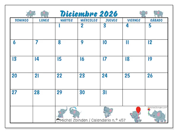 Calendario de diciembre de 2026 para imprimir - Pequeños elefantes - Semana de domingo a sábado
