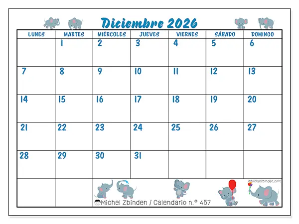 Calendario de diciembre de 2026 para imprimir - Pequeños elefantes