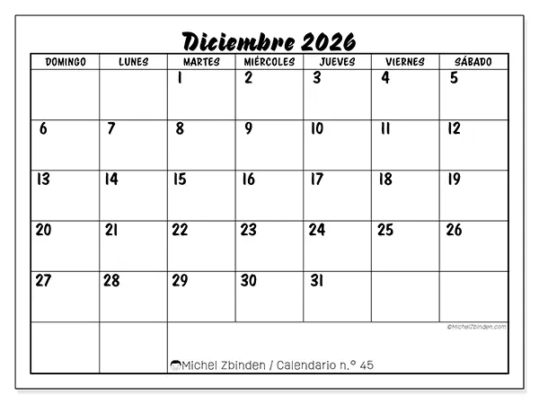 Calendario de diciembre de 2026 para imprimir - Éxito escolar - Semana de domingo a sábado