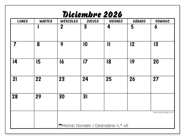 Calendario de diciembre de 2026 para imprimir - Éxito escolar