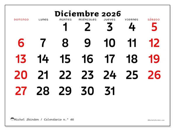 Calendario de diciembre de 2026 para imprimir - Visión clara - Semana de domingo a sábado