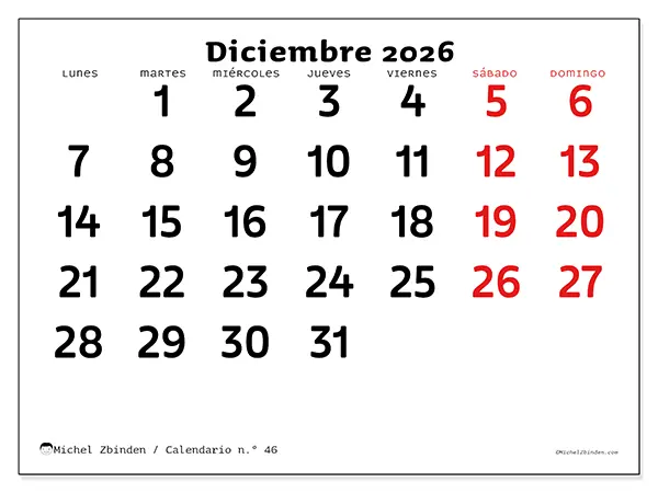 Calendario de diciembre de 2026 para imprimir - Visión clara