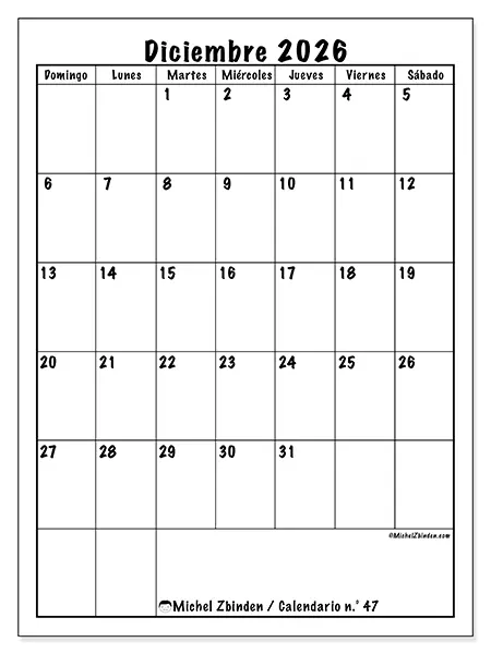 Calendario de diciembre de 2026 para imprimir - Planificación eficiente - Semana de domingo a sábado