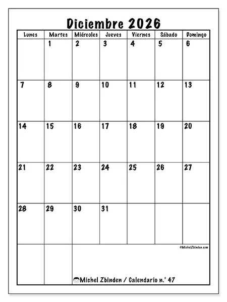 Calendario de diciembre de 2026 para imprimir - Planificación eficiente