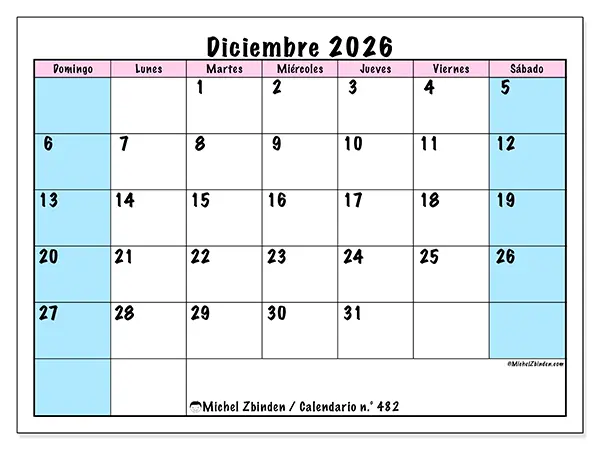 Calendario de diciembre de 2026 para imprimir - Horario de equipo - Semana de domingo a sábado