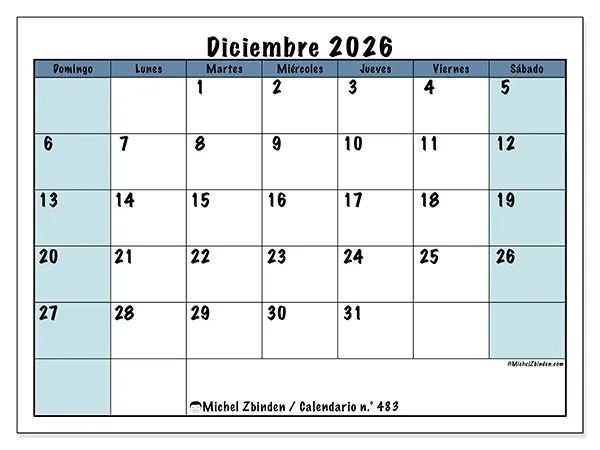 Calendario de diciembre de 2026 para imprimir - Estructura para la escuela - Semana de domingo a sábado