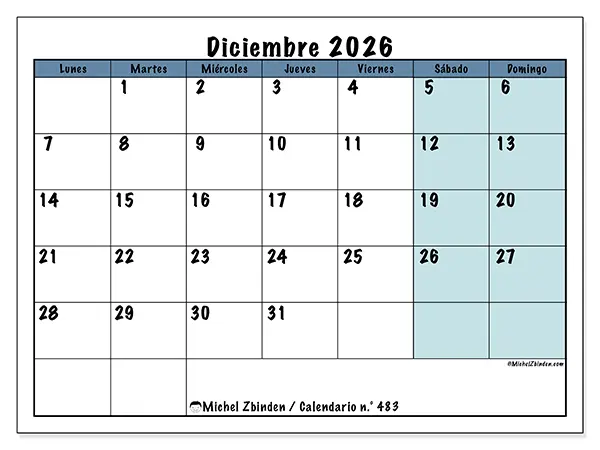 Calendario de diciembre de 2026 para imprimir - Estructura para la escuela