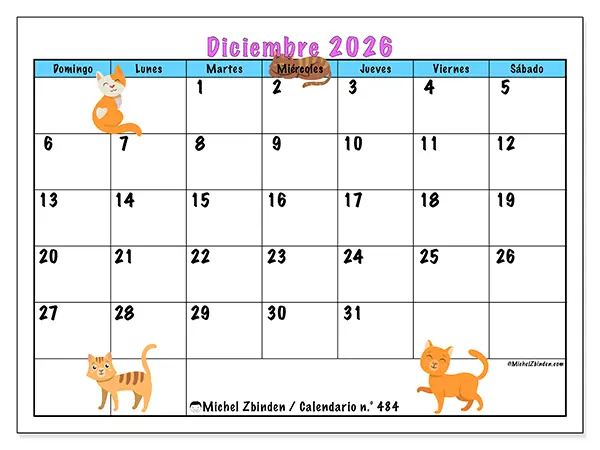 Calendario de diciembre de 2026 para imprimir - Amor por los gatos - Semana de domingo a sábado