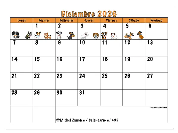 Calendario de diciembre de 2026 para imprimir - Perros entusiastas