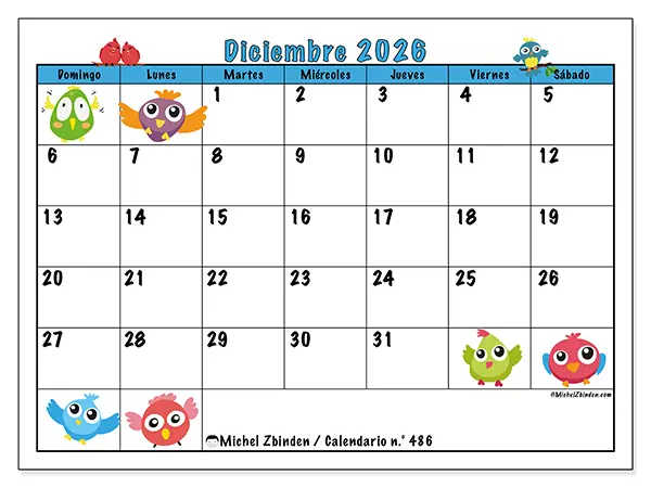 Calendario de diciembre de 2026 para imprimir - Pájaros divertidos - Semana de domingo a sábado