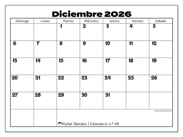 Calendario de diciembre de 2026 para imprimir - Coordinación productiva - Semana de domingo a sábado