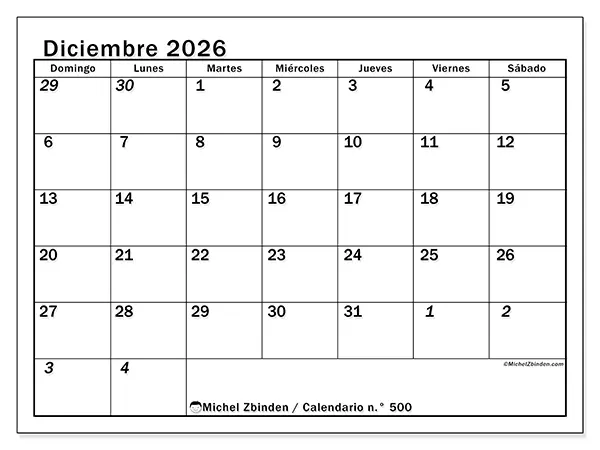 Calendario de diciembre de 2026 para imprimir - Planificación intensiva - Semana de domingo a sábado