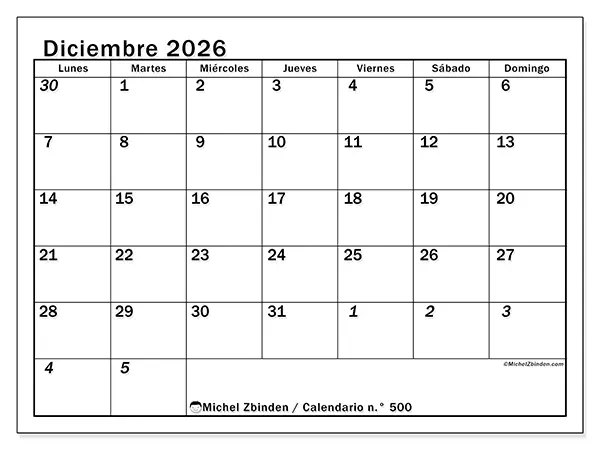 Calendario de diciembre de 2026 para imprimir - Planificación intensiva