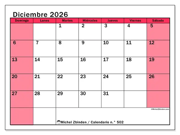 Calendario de diciembre de 2026 para imprimir - Gestión luminosa - Semana de domingo a sábado