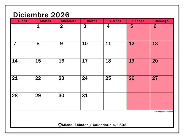 Calendario de diciembre de 2026 para imprimir - Gestión luminosa