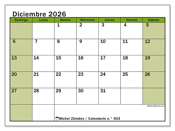Calendario de diciembre de 2026 para imprimir - Organización viva - Semana de domingo a sábado