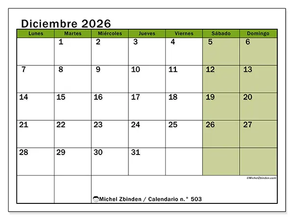 Calendario de diciembre de 2026 para imprimir - Organización viva