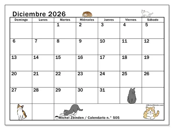 Calendario de diciembre de 2026 para imprimir - Vida de gato - Semana de domingo a sábado