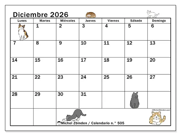Calendario de diciembre de 2026 para imprimir - Vida de gato