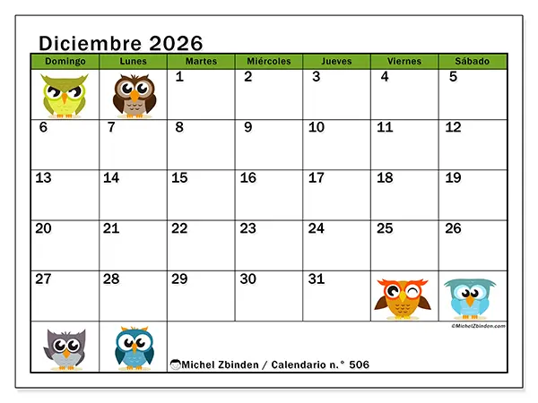 Calendario de diciembre de 2026 para imprimir - Búhos divertidos - Semana de domingo a sábado
