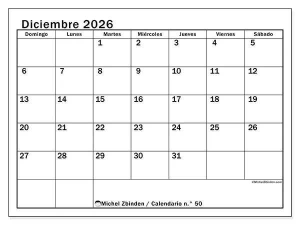Calendario de diciembre de 2026 para imprimir - Planificación óptima - Semana de domingo a sábado