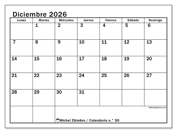 Calendario de diciembre de 2026 para imprimir - Planificación óptima