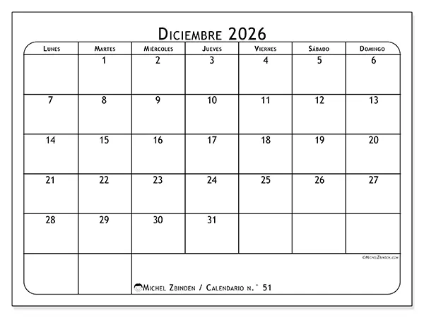 Calendario de diciembre de 2026 para imprimir - Planificador de comidas