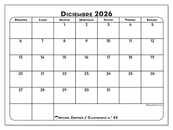 Calendario de diciembre de 2026 para imprimir - Organización profesional - Semana de domingo a sábado