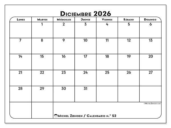 Calendario de diciembre de 2026 para imprimir - Organización profesional