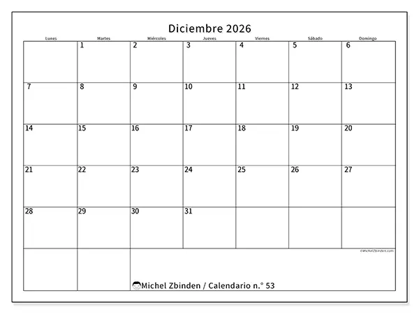 Calendario de diciembre de 2026 para imprimir - Horario eficiente