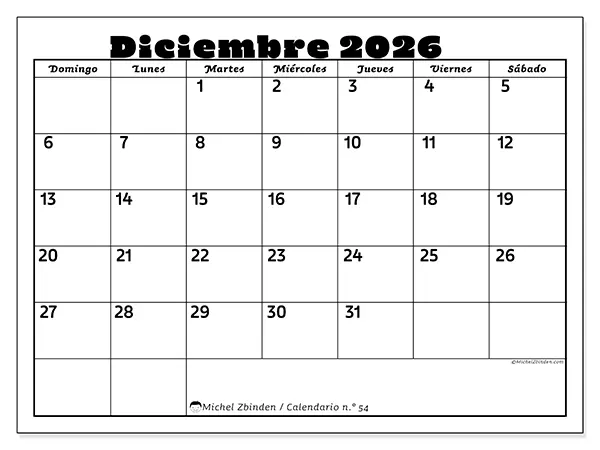 Calendario de diciembre de 2026 para imprimir - Actividades en familia - Semana de domingo a sábado