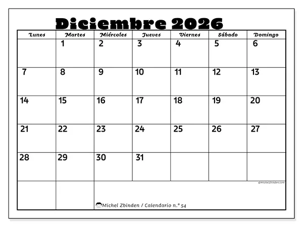 Calendario de diciembre de 2026 para imprimir - Actividades en familia