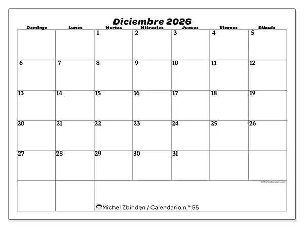 Calendario de diciembre de 2026 para imprimir - Organización del ocio - Semana de domingo a sábado