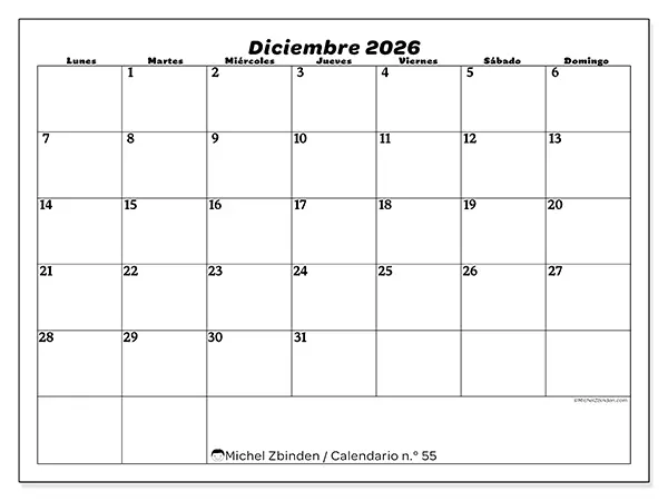 Calendario de diciembre de 2026 para imprimir - Organización del ocio