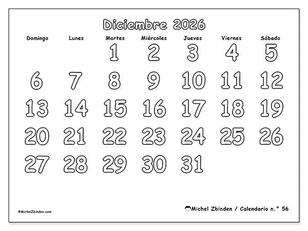 Calendario de diciembre de 2026 para imprimir - Colorear útil - Semana de domingo a sábado