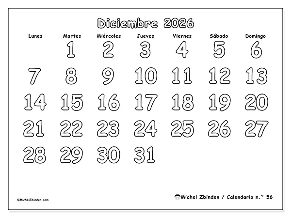 Calendario de diciembre de 2026 para imprimir - Colorear útil