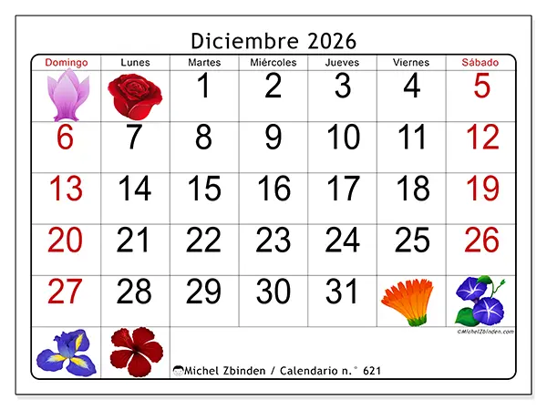 Calendario de diciembre de 2026 para imprimir - Flores grandes - Semana de domingo a sábado