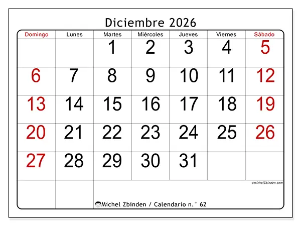 Calendario de diciembre de 2026 para imprimir - Lectura rápida - Semana de domingo a sábado