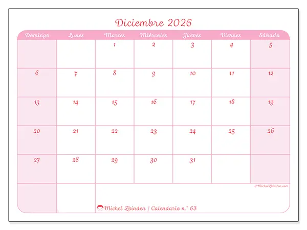 Calendario de diciembre de 2026 para imprimir - Organización en suavidad - Semana de domingo a sábado